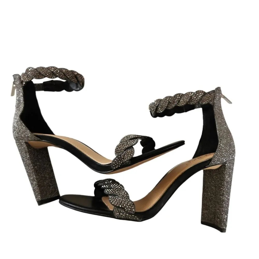 Jewel Badgley Mischka Crystal Braided Block Heel Open Toe Sandals Size 7 Wedding